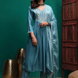 Sangria Floral Yoke Design Pleated Thread Work A-Line Kurta With Trouser & Dupatta-picture-2