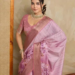 all about you Pink Woven Design Floral Printed Zari Saree-43