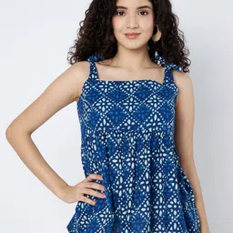 9rasa Geometric Print Indigo Cotton Peplum Top-image-15