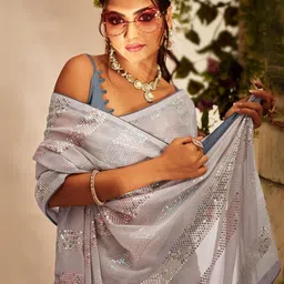 DIVASTRI Sequinned Striped Pure Georgette Saree with Satin Blouse Piece-picture-5