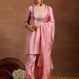 gerua by libas Libas Ethnic Motifs Yoke Design Sequinned Straight Kurta With Trouser & Dupatta image 1