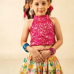 Jilmil Girls Floral Woven Design Zari Ready to Wear Cotton Lehenga & Choli-picture-44