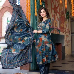 Parth Fab Floral Printed Mirror Work Straight Kurta With Trousers And Dupatta image 2