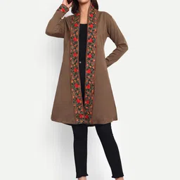 HAUTEMODA Embroidered Longline Open Front Woollen Shrug-51