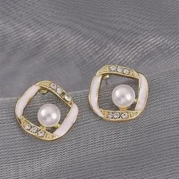 PASU FASHION Gold-Plated Pearls Beaded Square Shaped Studs-55