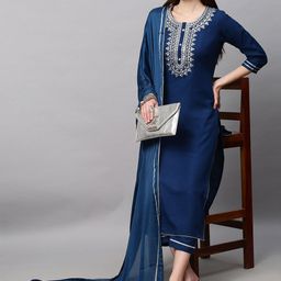 DIVASTRI Ethnic Motifs Embroidered Round-Neck Straight Kurta With Trouser & Dupatta-picture-47