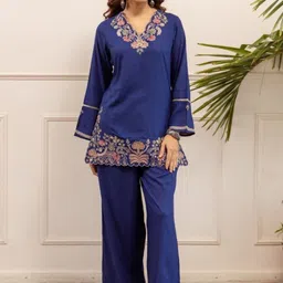 AUTUMN LANE Stravi Marine Embroidery V-Neck Pure Cotton Tunic With Trousers Co-Ords-picture-11