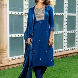 KALINI Ethnic Motifs Embroidered Notch Neck Straight Kurta With Trousers & Dupatta-picture-38