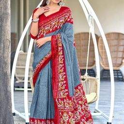Suha Grey Pure Cotton Printed Block Print Sarees-picture-42