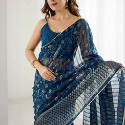 Peachmode Women Blue Floral Printed Pure Georgette Saree-picture-39