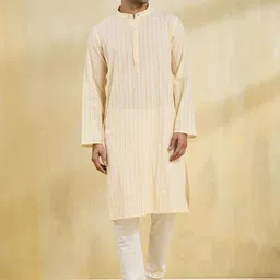 Fabindia Men Striped Band Collar Cotton Straight Kurta-image-8
