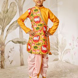 VASTRAMAY Boys Animal Printed Mandarin Collar Angrakha Kurta With Dhoti Pants-image-53