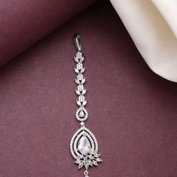 ZENEME Rhodium-Plated American Diamond Studded Maang Tikka Head Jewellery-10