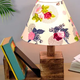 Homesake White & Red Printed Frustum Wodden Rustic Book Shelf Table Lamp with Bulb-13