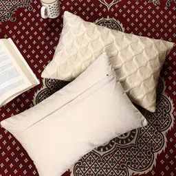 monkdecor Feather Design Cream Color Rectangle Velvet Cushion Covers Set of 5 image 4