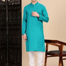House of Pataudi Textured Mandarin Collar Cotton Straight Kurta-image-89