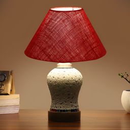 Devansh Maroon Textured Frustum Shaped Wooden Table Lamp-23
