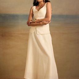 dhaaga Linen Shoulder Strap Neck Top With Skirt Co-Ords-image-99