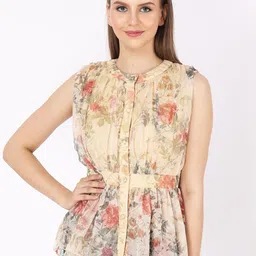 JAKANARY Floral Print Mandarin Collar Net Top-picture-35