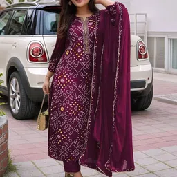 KALINI Women Wine Rayon Blend Printed Straight Kurta Set With Dupatta-49