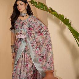 Sangria Digital Printed Saree With Belt & Unstitched Blouse-image-79