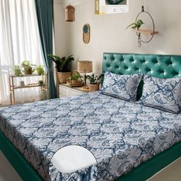 KLOTTHE Blue Floral 400 TC Pure Cotton Fitted Double Bedsheet in Book Fold Packing-image-72