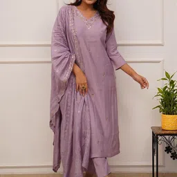 KALINI Ethnic Motifs Embroidered Sequinned Chanderi Silk Kurta & Trouser & Dupatta-52