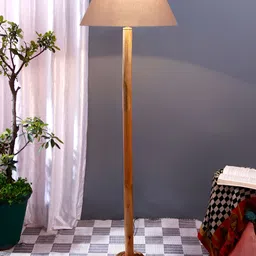 Devansh Grey & Brown Cotton Conical Shade Wood Base Floor Lamps-picture-1