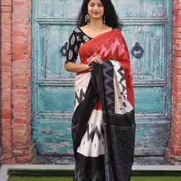 Dastkar Geometric Printed Pure Cotton Block Print Saree With Blouse-picture-11
