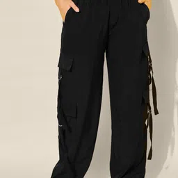 QIOA Women Relaxed Loose Fit High-Rise Cargos-image-96
