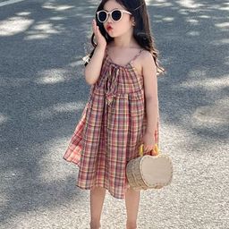 LULU & SKY Girl Checked Shoulder Straps Knee Length A-Line Dress-picture-1