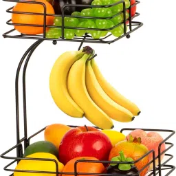 2-Tier Square Countertop Fruit Vegetables Basket Bowl Storage With Banana Hanger Stainless Steel Fruit & Vegetable Basket-86