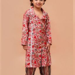 Cutiediva Girls Floral Printed Thread Work Shirt Collar Straight Kurta With Salwar-46