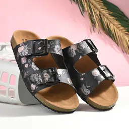 HERE&NOW Women Black & Brown Printed Two Strap Open Toe Flats With Buckle Detail-1
