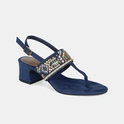 W Navy Blue Textured Suede Party Block Sandals-13