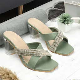 DressBerry Green Embellished Open Toe Block Heels-49
