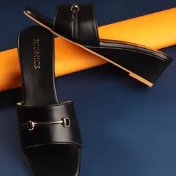 ICONICS Women Black Wedge Sandals-image-11