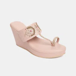 W Women Pink Embellished PU Wedge Sandals-image-37
