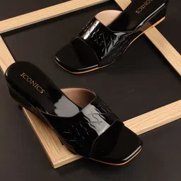ICONICS Women Black Textured Wedge Sandals-image-13