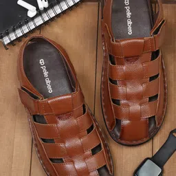 pelle albero Men Tan & Black Leather Comfort Sandals-image-51