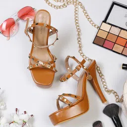 Bruno Manetti Tan Embellished PU Stiletto Sandals-image-98