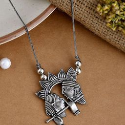 NAMAN ARTS Silver-Plated Oxidised Radha Krishna Shaped Pendant Chain-image-47