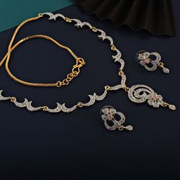 LUCKY JEWELLERY 18K Gold Plated American Diamond Pink Jewellery Set-15
