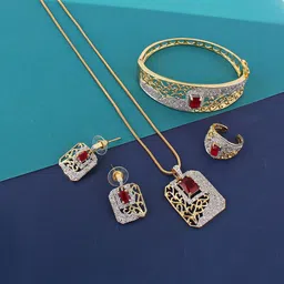 LUCKY JEWELLERY 18K Gold Plated American Diamond Sterling Silver Jewellery Set-30