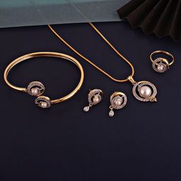 LUCKY JEWELLERY Gold Plated American Diamond Studded Jewellery Set-46