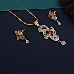 LUCKY JEWELLERY 18K Gold Plated American Diamond White and Ruby Jewellery Set-image-20