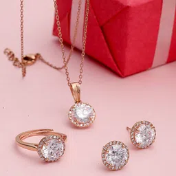 PANASH Gold-Plated Cubic Zirconia Studded Solitaire Pendant with Earrings & Ring-image-5