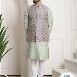 SOJANYA Ethnic Motifs Woven Design Mandarin Collar Kurta With Churidar & Nehrujacket-3