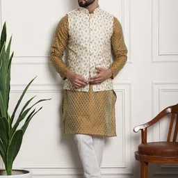 SOJANYA Ethnic Motifs Woven Design Silk & Cotton Kurta with Churidar & Nehru jacket-56
