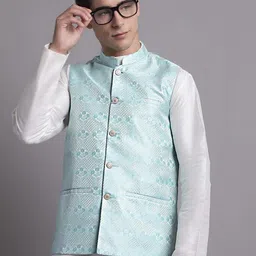 Jompers Straight Regular Kurta With Churidar & Woven Design Nehru Jacket-11